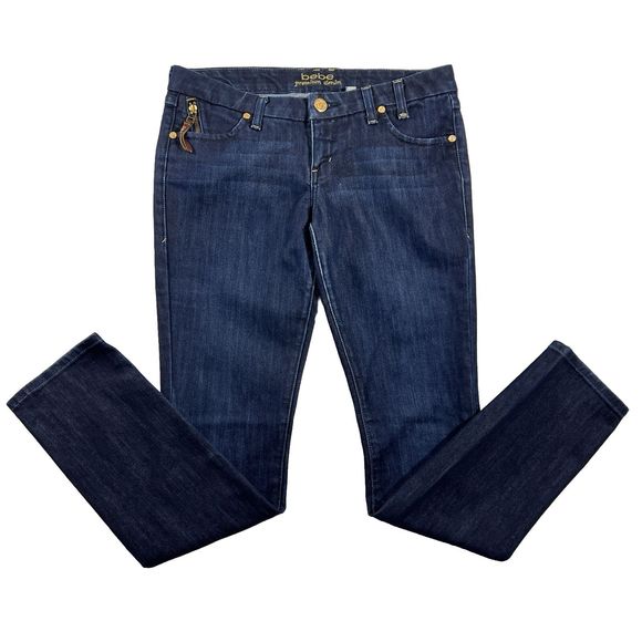 Bebe Premium Denim Skinny Jeans Dark Wash Gold Embroidered Monogram Women Sz 29 - Picture 3 of 12